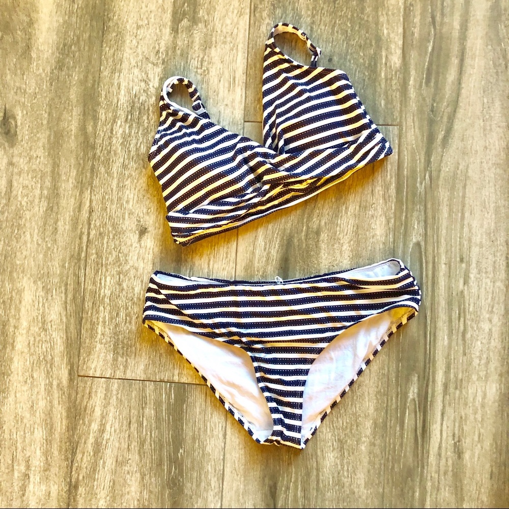 Worn once navy blue stripes two piece bathing suit